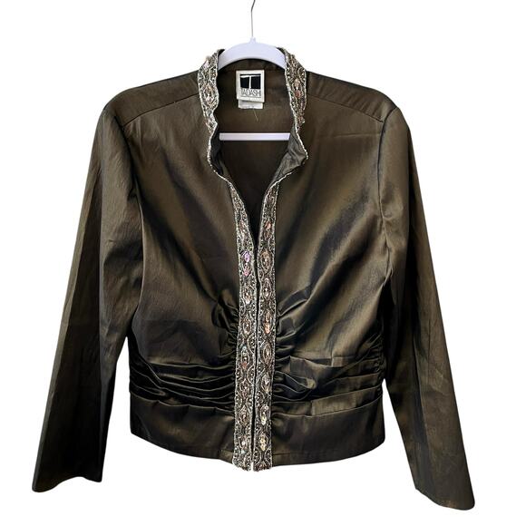 Tadashi Evening Jacket Brown Beaded Trim Ruched Crop Jacket Size 16 - Picture 3 of 15